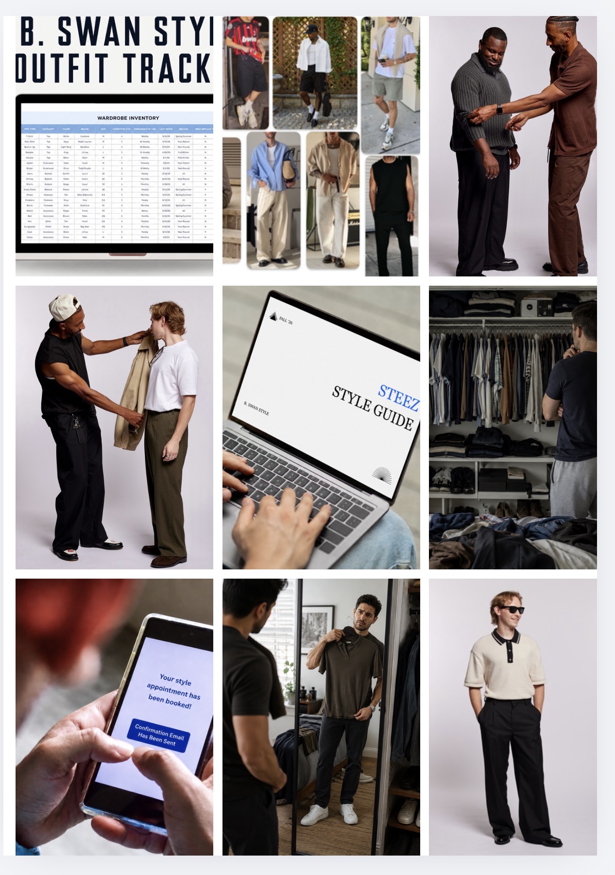 The STEEZ system in action — wardrobe tracker, outfit ideas, styling sessions, and your custom style guide